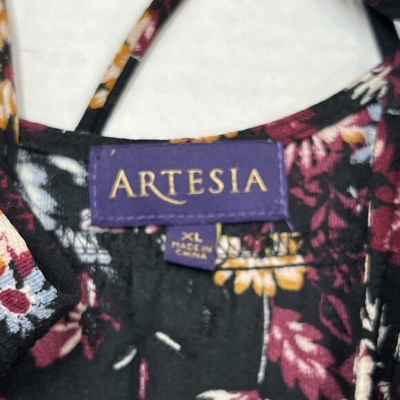 Artesia Womens XL Top Tunic Black Floral Crochet Detail Tie Back Flowy Boho - Picture 7 of 8